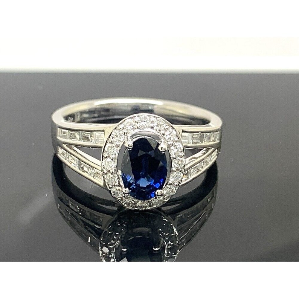 Blue Sapphire Diamond Engagement Ring Halo 14k White Gold Women's Size 7.25